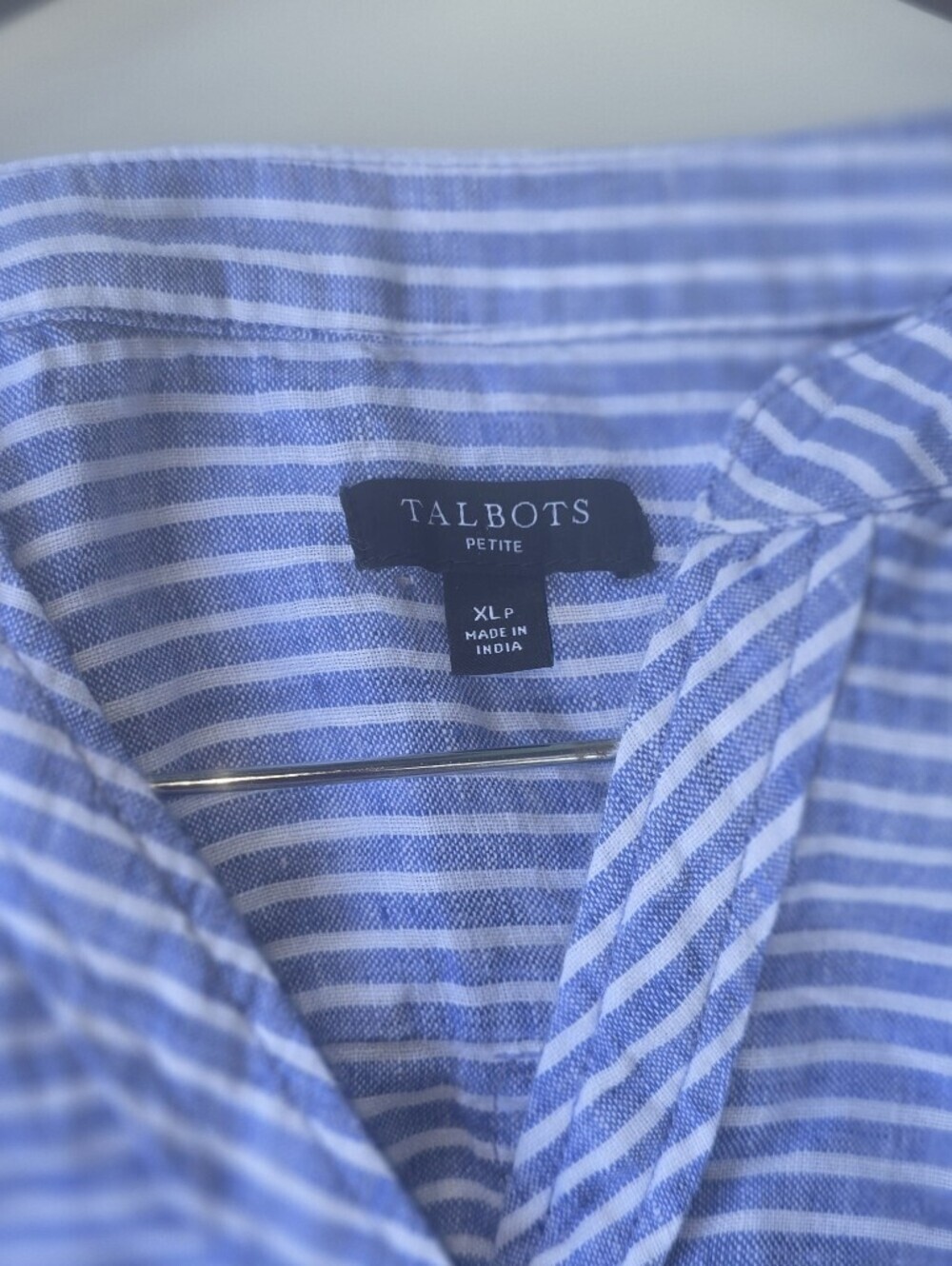 Talbots Blue White Striped 100% Linen Popover Blouse Top Roll Tab XLP - Picture 7 of 14